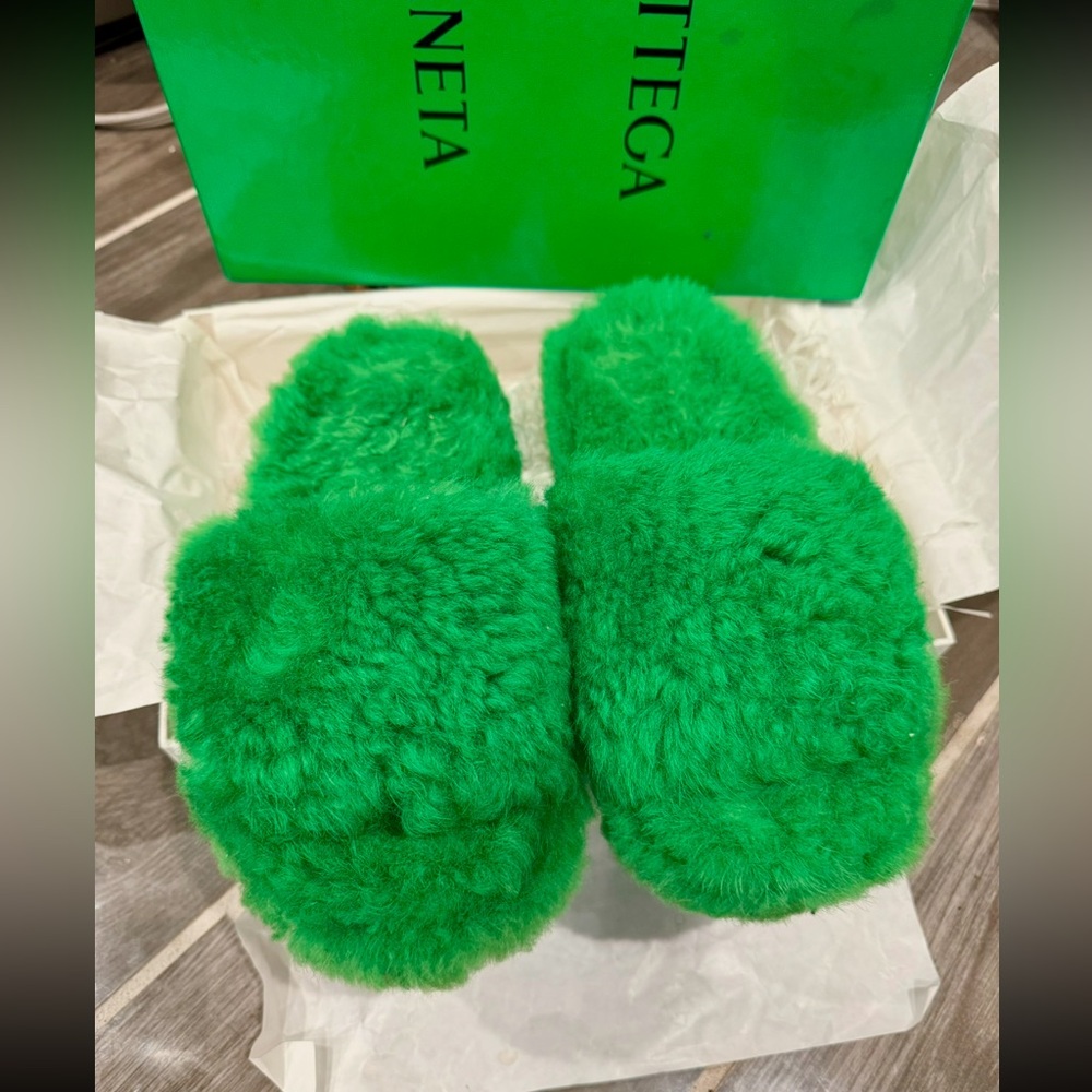Bottega Veneta Vibrant Green Fuzzy Slippers